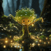 a tree with a face and arms is in a forest