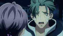 a man with a bandage on his face is talking to another man with purple hair