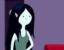 a cartoon character with long black hair and white eyes is standing in front of a purple wall