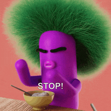 a cartoon character with a green mohawk and a bowl of cereal says stop