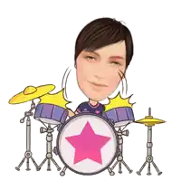 a cartoon drawing of a woman playing drums with a pink star on the drum