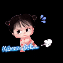 a little girl with a cherry on her shirt is standing next to a teddy bear that says kabuur aah