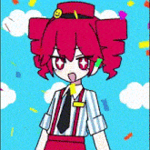 a cartoon of a girl with pink hair wearing a striped shirt and suspenders