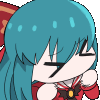 a pixel art drawing of a girl with blue hair and a red bow on her head .