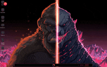 a computer screen with a picture of a gorilla and a godzilla