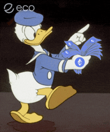a cartoon of donald duck holding a bunch of money and pointing