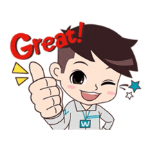 a cartoon boy is giving a thumbs up and the word great is written above him