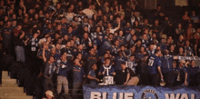 a crowd of people standing in a stadium with a banner that says blue wall