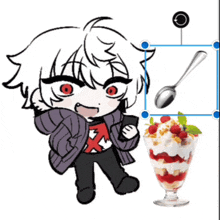 a cartoon of a person holding a cell phone next to a spoon and a parfait