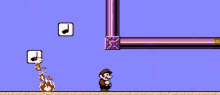 a video game scene with mario and a purple archway with flames coming out of it