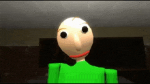a green cartoon character with big eyes and a red mouth is standing in a classroom .