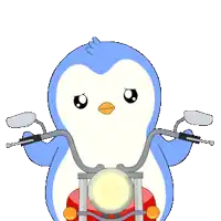 a cartoon penguin is riding a motorcycle with its arms outstretched