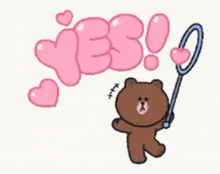 a brown bear is holding a magnifying glass in front of a yes sign