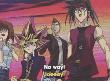 a group of anime characters are standing next to each other with the words no way joeeey on the bottom