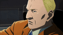 a close up of a man 's face in an orange suit and blue tie