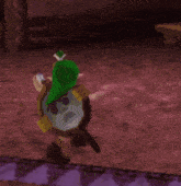 a video game character in a green outfit with a mask on his face