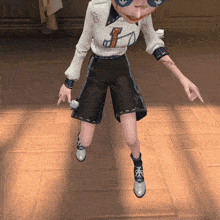 a cartoon character is standing on a wooden floor wearing shorts