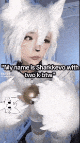 a woman in a white furry costume with the caption " my name is sharkkevo with two k btw "