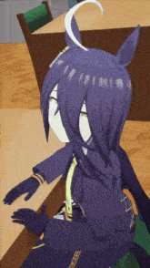 a purple haired anime character with a white tail