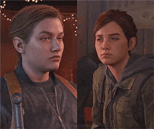 two women are standing next to each other with their eyes closed in a video game .