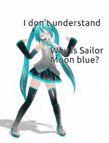 a picture of hatsune miku with the words " i don 't understand why is sailor moon blue " on the bottom