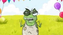 a cartoon frog wearing sunglasses is standing in a field with balloons .