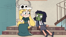 a cartoon character with a skull on her head sits next to another character with glasses