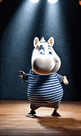a cartoon character in a blue and white striped shirt is standing on a stage