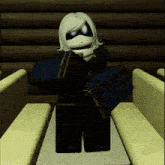 a cartoon character wearing a mask is sitting on a bench