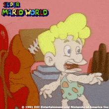 a cartoon character from super mario world is standing in front of a chair