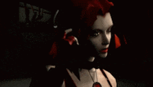 a woman with red hair and black clothes is standing in a dark room in a video game .