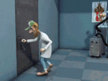 a cartoon of a man in a lab coat standing in a doorway