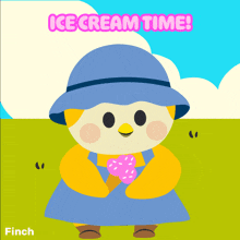 an illustration of a bird eating an ice cream cone with the words ice cream time written above it