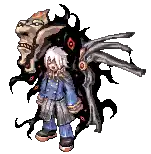 a pixel art of a person standing next to a monster with wings .