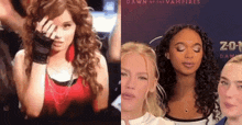 a woman in a red top is standing next to another woman in front of a dawn of the vampires poster