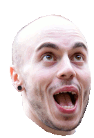 a close up of a man 's face with a surprised expression