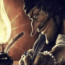 a man is writing with a feather in front of a lamp