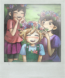 a girl with a flower crown on her head smiles with two other girls