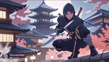 a drawing of a ninja holding a sword with the name " domoal bot " in the corner