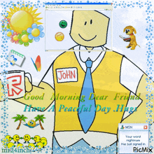 a cartoon character with a name tag that says john on it