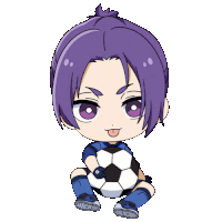 a cartoon character with purple hair is holding a soccer ball and sticking his tongue out