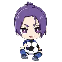 a cartoon character with purple hair is holding a soccer ball and sticking his tongue out
