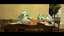 a group of cartoon cats are sitting at a table with plates of food