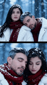 a man and a woman are posing for a picture in the snow with the letter a on the bottom