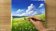 a painting of a woman in a field is made in animotoca