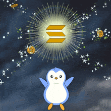 a penguin is standing in front of a firework display with the word penguin in the corner