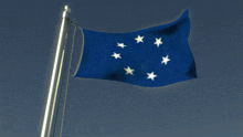 a blue flag with white stars on it is flying in the wind