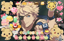 a picture of a man surrounded by cupcakes and a sticker that says picmix on it