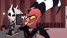 a cartoon character is talking on a telephone while another character watches