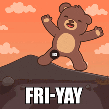 a cartoon of a teddy bear jumping with the words fri-yay below it